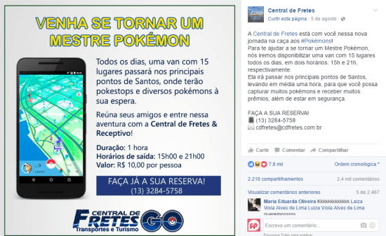 Central de Fretes e Receptivo e o Pokémon GO